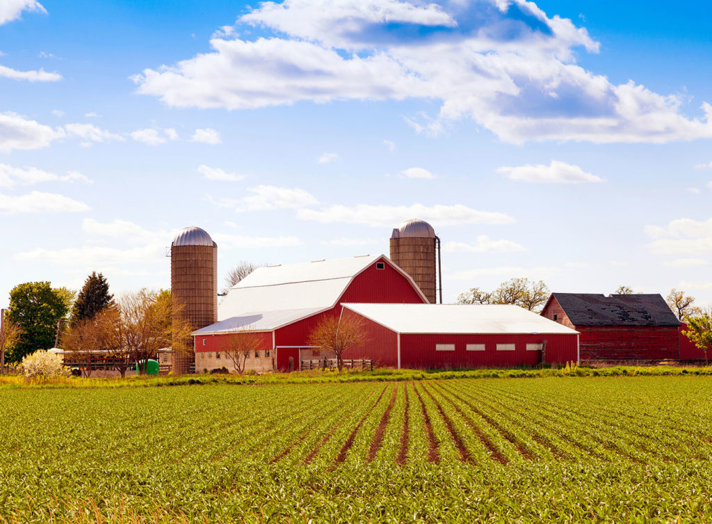 picture of an average farm with barn, crop field, and silos.